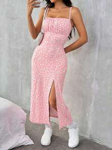 Vestido con estampado de punto, tirantes de espagueti y bajo dividido para mujeres, para vacaciones - Rosa Pálido - Ver 5