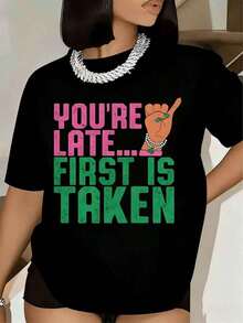Women's Graphic Print T-Shirt 'You're Late, First Is Taken', Short Sleeve, Round Neck, Casual Summer Style, Y2K Style T-Shirt, Summer Clothes, Urban Fashion Top - 黑色 - 查看 6