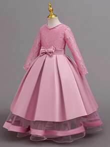 Girls Long Waist-Cinching Formal Dress, Multi-Layer Flower Girl Gown, Princess Dress For Wedding, Graduation Ceremony, All Seasons - Pink - View 6