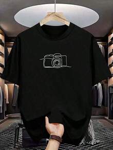 Playera de hombre estampada de manga corta - Diseño de cámara, algodón, cómoda y transpirable, estilo casual y versátil. - Negro - Ver 1