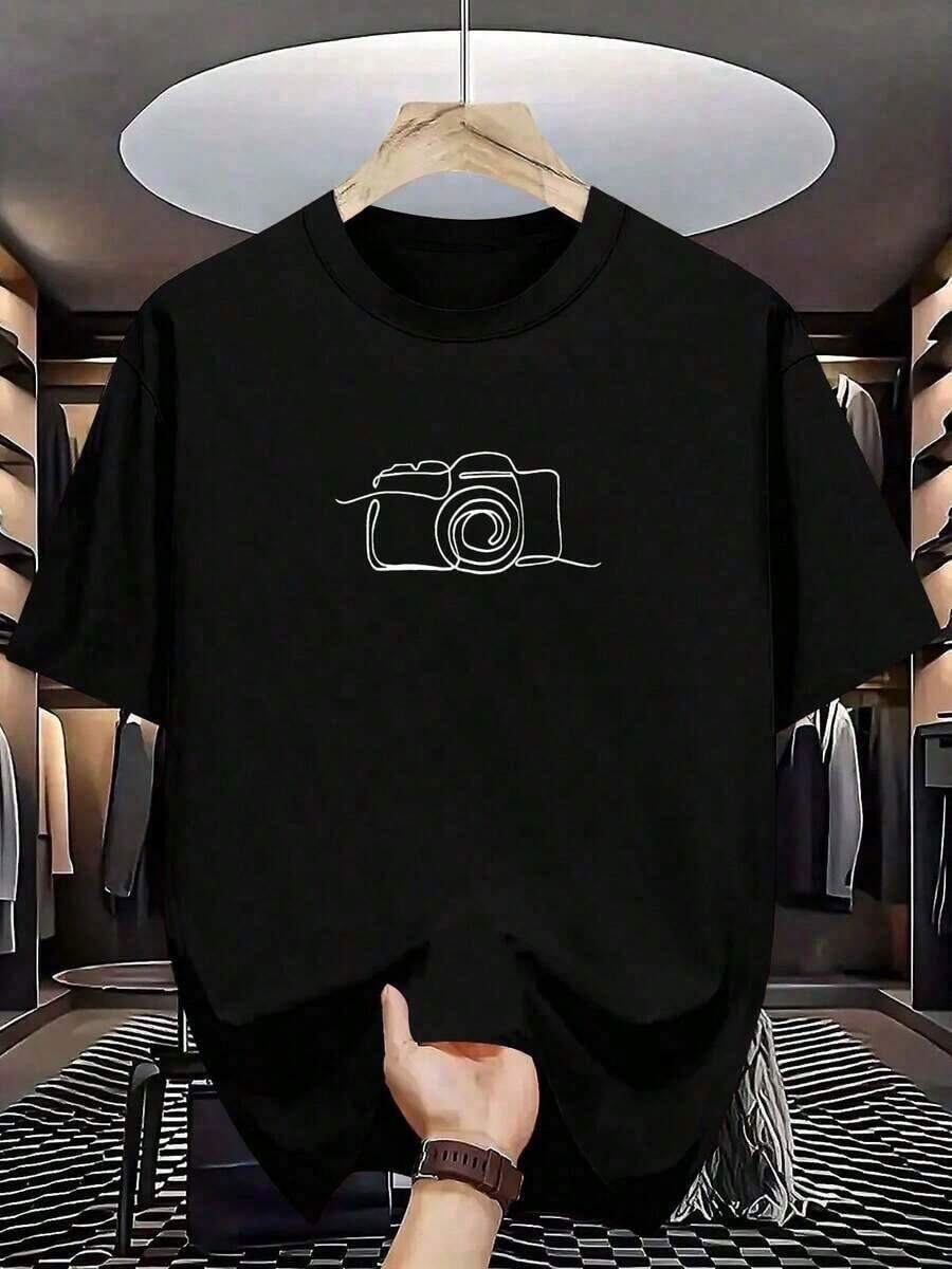 Playera de hombre estampada de manga corta - Diseño de cámara, algodón, cómoda y transpirable, estilo casual y versátil. - Negro - Ver 1