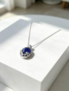 1 Piece Deep Blue Oval Shaped Pendant Necklace, Elegant Vintage-Inspired Aesthetic Style, Standard Adjustable Chain Length, For Summer Beach Vacation, Graduation Season Travel, Outdoor Camping, Holiday Daily & Formal Occasion, Ideal Collectible Gift For Women In The Vacation Season - 藍色的 - 查看 7