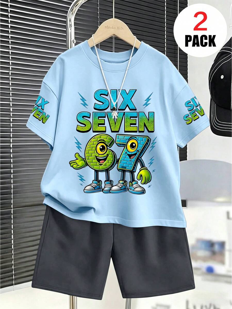 2pcs Tween Boys Set, Loose Top With "SIX SEVEN" Number 67 Print + Sports Shorts, Comfortable And Soft, Suitable For Summer And Sports - Multicolor - View 1
