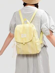 Fresh Colorblock Striped Backpack. No Pendant. Classic Flap Design, Can Easily Fit Daily Commute Essentials Like Phone, Tablet, Books, Umbrella, Etc. Wide Breathable Shoulder Strap Design, Distributes Weight, Whether Used As A Student's School Bag, An Office Worker's Casual Commute Bag, Or Even A Weekend Travel Backpack, It Can Perfectly Handle It. - Multicolor - View 6