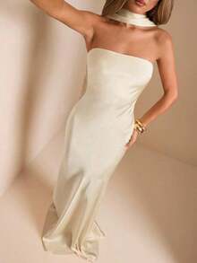 Vestido elegante sin tirantes y sin espalda con faja, vestido de gala formal de unicolor crema amarillo sexy para fiesta, cóctel, boda, cumpleaños, dama de honor - Amarillo claro - Ver 10