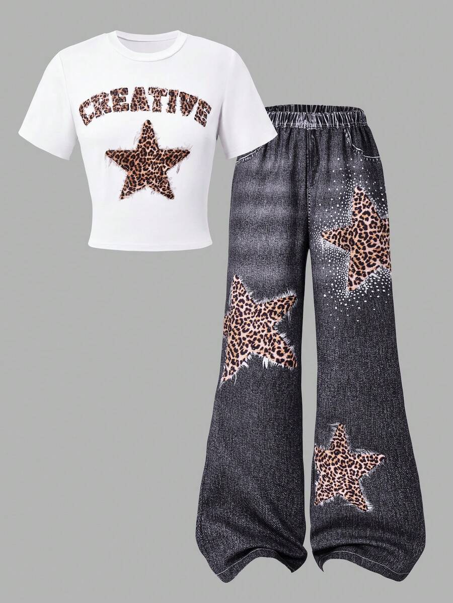 Y2K Style Spicy Leopard & Star Print White Short Sleeve T-Shirt + Loose Denim-Look Pants 2-Piece Set, Casual Outdoor Summer - White - View 1