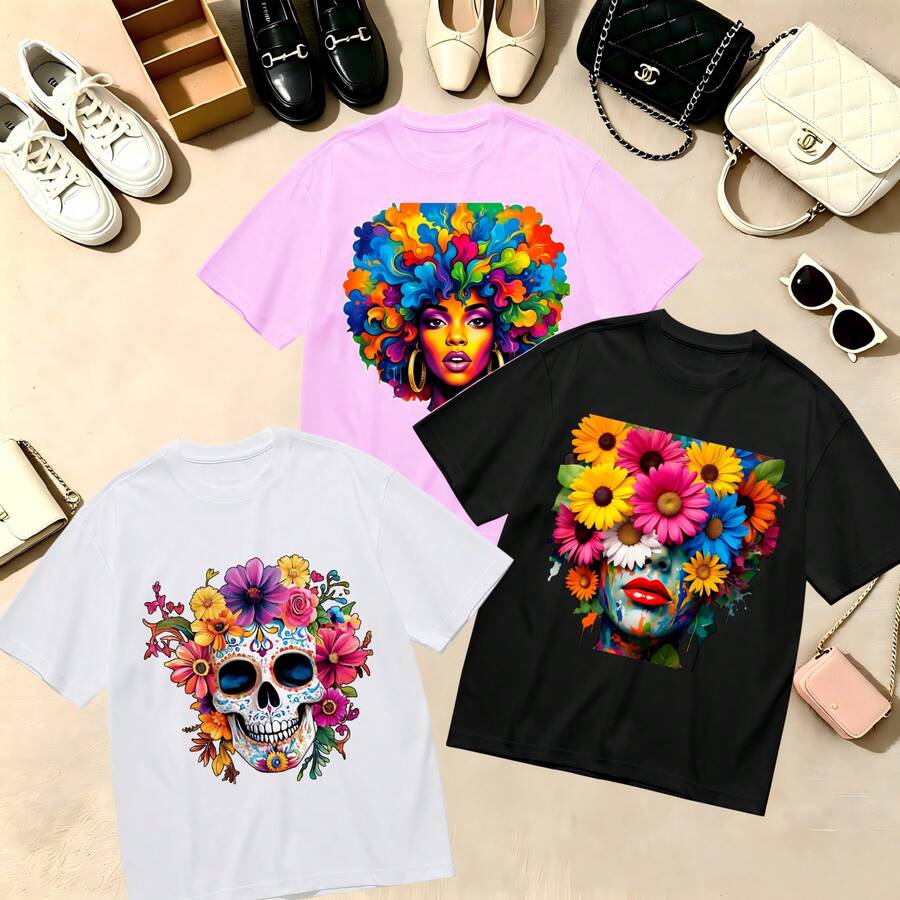 Choose One Of The Three Sets Women's T-Shirt Kawaii Dog 100% Cotton Oversized Soft Breathable Casual Crewneck Short Sleeve Top Retro Summer Vibes Streetwear Aesthetic - 白色 - 查看 1