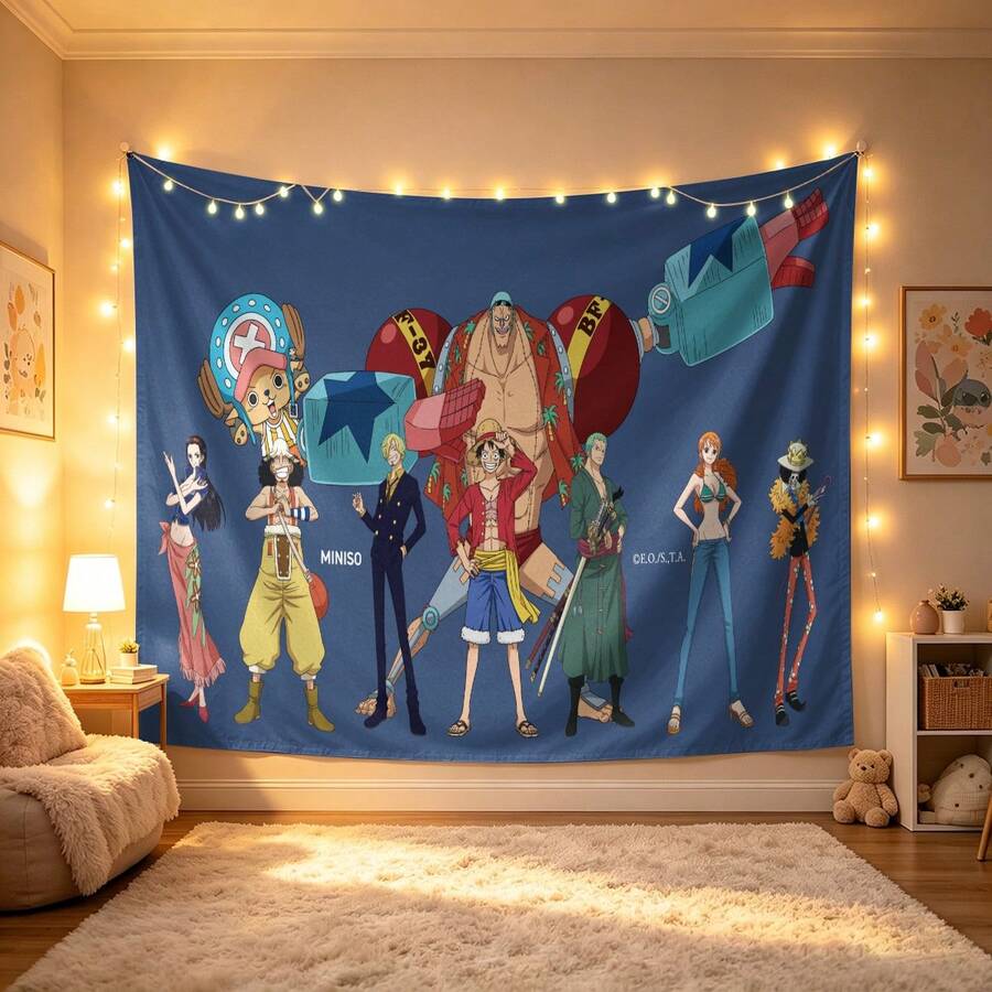 MINISO One Piece Straw Hat Crew Wall Tapestry, Full Crew Character Print On Deep Blue, Soft Lightweight Fabric For Bedroom Living Room And Dorm Decor - 0 - View 1