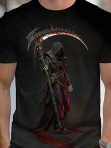 Rey de la Muerte con estampado de hoz negra - Estilo casual simple gráfico 100% algodón puro camiseta - Suave y cómoda cuello redondo manga corta, moda streetwear para todas las estaciones, ropa casual streetwear  Camiseta de cuello redondo - Negro - Ver 1