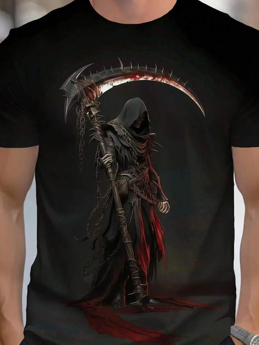 Rey de la Muerte con estampado de hoz negra - Estilo casual simple gráfico 100% algodón puro camiseta - Suave y cómoda cuello redondo manga corta, moda streetwear para todas las estaciones, ropa casual streetwear Camiseta de cuello redondo - Negro - Ver 1