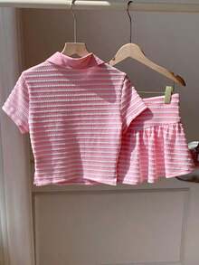 Women's 2-Piece Set Of Striped Short-Sleeved T-Shirt And Casual Summer Mini Skirt - 羅莎 - 查看 2