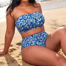 Conjunto de bikini de dos piezas sin tirantes y de cintura alta con tiras delgadas - Flor - Ver 4
