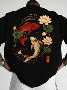 Men's Auspicious Chinese Koi Lotus Print T-Shirt: Soft And Breathable Fabric, Crew Neck, Short Sleeves, Casual Style, Suitable For Outdoor Activities And Parties, Machine Washable, Chinese Style, Soft Texture, Ideal For Urban And Streetwear Enthusiasts. Men's Graphic Tee, Comfortable Fit. - 黑色 - 查看 6