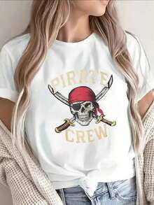 Regular Fit, Lightweight Short-Sleeved T-Shirt With A Striking Print Design, Perfect For Lounging At Home, Dinners Or Beach Outings - Pirate Skull Design T-Shirt, A Great Summer Gift Idea. - 白色 - 查看 7