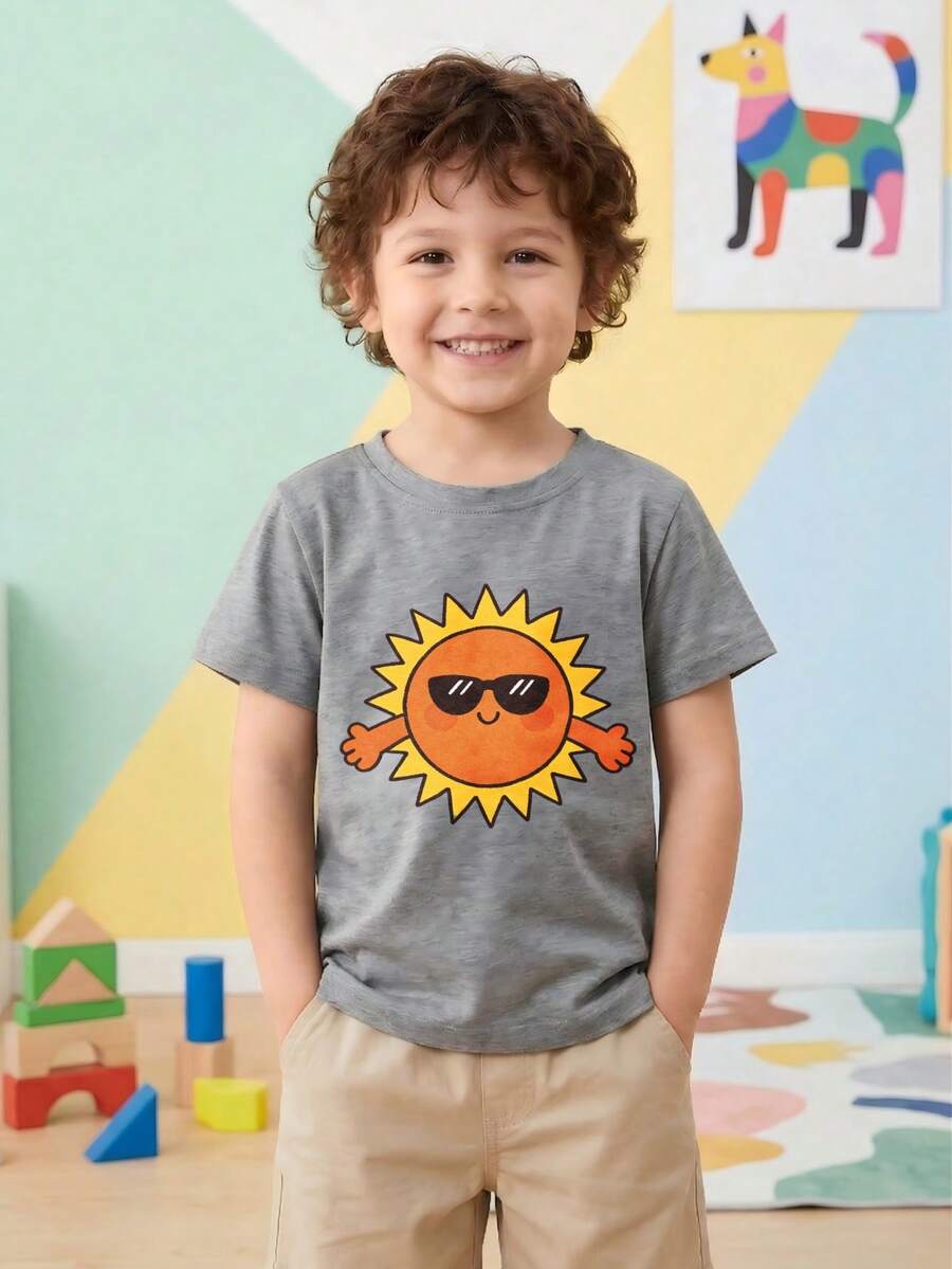 Lightweight Children's Short-Sleeved T-Shirt With A Sun And Sunglasses Print. Ideal For Home Use, Summer Wear, And Playtime, And Easy To Care For. - 灰色 - 查看 1