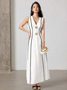 Vestido elegante de verano para mujer con cuello en V y dobladillo de contraste sin mangas - Verde - Ver 10