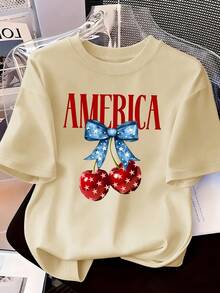Tema del Día de la Independencia - Patrón de Pequeñas Cerezas - Camiseta de Imitación de Algodón - Caqui - Ver 1