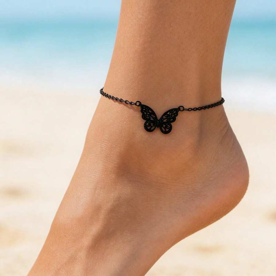 1pc Y2K Chic Gothic Style Black Crystal Hollow Butterfly Anklet, Versatile For Vacation, Date, Street Style, Party And Daily Wear - Black - View 1