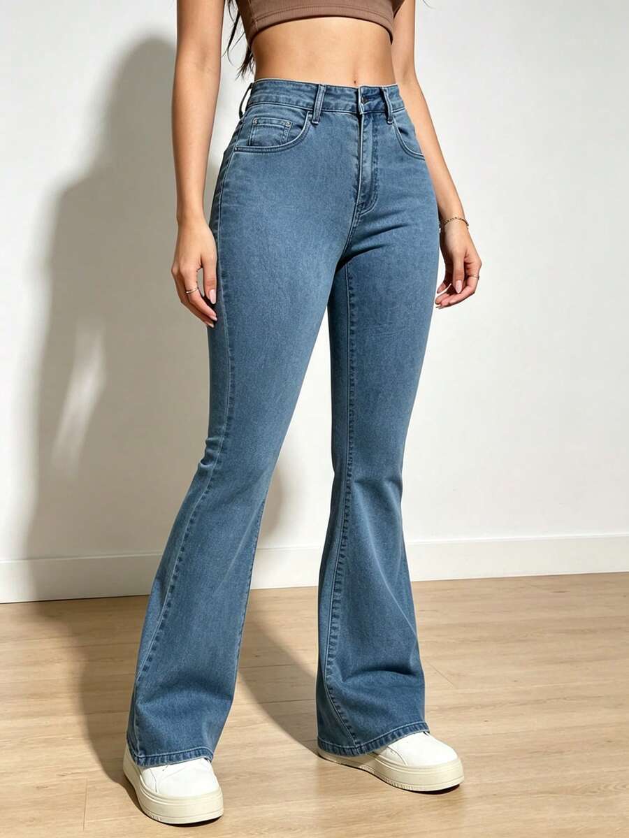 Pantalones vaqueros casuales de pierna acampanada y corte holgado con bolsillos para mujeres, Jeans diarios simples de unicolor para mujer, Jesns holgados lavados para mujer - 2064 - Ver 1