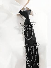 1 chiếc cà vạt thắt sẵn màu đen phong cách retro punk unisex, dây chuyền nhiều lớp hình thánh giá và ngôi sao bằng bạc, phù hợp để phối cùng trang phục phong cách gothic tiên phong. - Kẹp tóc hình sao và trăng - Không cần tiêm - Xem 7