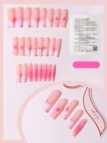 24pcs Sweet Girl Style Pink Gradient 3D Flower Square Nail Stickers, French Polka Dot Design, Includes Jelly Gel + Buffing, Gentle & Elegant For Dates, Parties, Outings, No Baking Nail Stickers - Pink - View 3