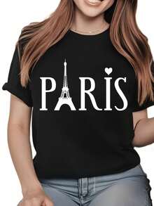 Camiseta con estampado gráfico de París para mujer Camiseta casual de manga corta 1 pieza 100% algodón pesado Cómodo cuello redondo, camisetas suaves y adorables Tops - Negro - Ver 5