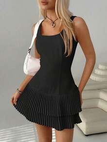 Vestido corto sin mangas de cuello redondo con pliegues de unicolor para mujer - Negro - Ver 4