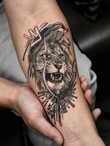 2 Sheets Big Size Body Art Temporary Tattoo Stickers For Men, Black Realistic Sketch Lion Mixed Pattern, Waterproof Fake Tattoo, Lasts 2-5 Days, Covering Scars,Can Be Used On Arms Wrist Shoulders Legs Waist Neck Hand Chest Thighs Finger Ankle, Suitable For Parties, Gifts, Vacations, Body Decoration - Black - View 5