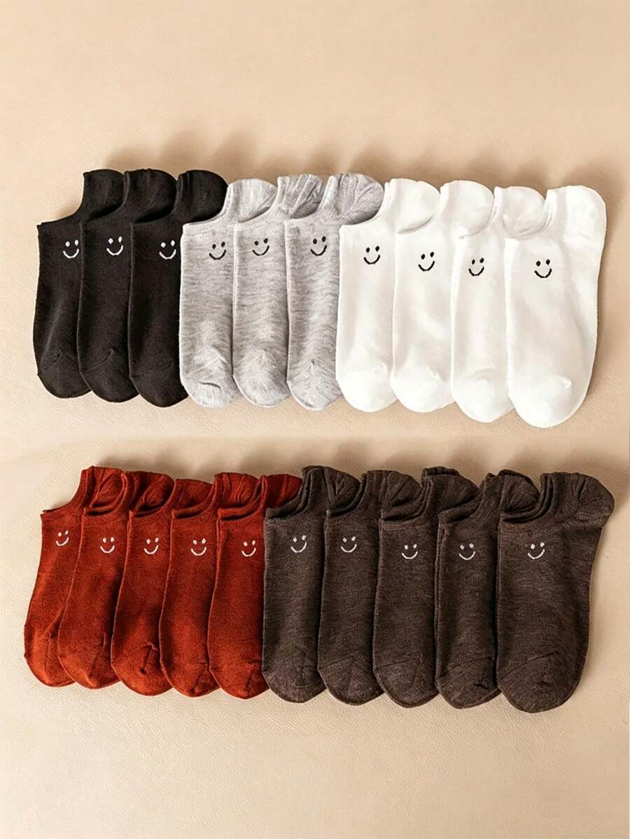 5/10/15 paires de chaussettes de cheville femme colorées avec visage souriant brodé, chaussettes basses invisibles avec talon antidérapant, en coton respirant, élastiques et confortables pour les étudiants, les employés de bureau, toutes saisons - Multicolore - Voir 1