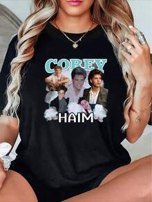 Colección de Primavera y Verano para Mujer a la Moda, con un Estampado de Collage Nostálgico para los Fans que presenta al Ídolo de los 80 Corey Haim, con un Estilo Retro y Dulce: Esquema de Colores y Texto: La Camiseta Negra Sirve como Base, Camiseta Negra Oversize - Inspirada en el Estilo  / Latino Street / Look Diario - Negro - Ver 6