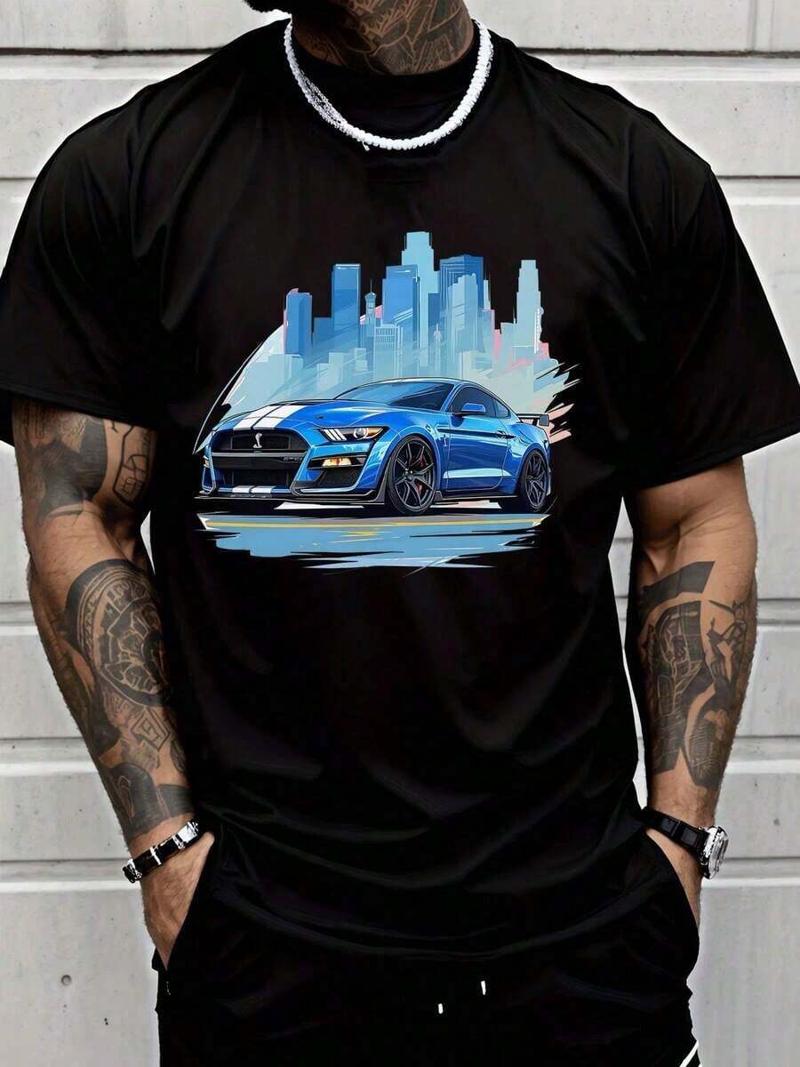 Men's Muscle Car Graphic Print T-Shirt, Blue Sports Car Urban Skyline Tee, Streetwear Short Sleeve Casual Black Shirt, Cool Racing Summer Top - 黑色 - 查看 1