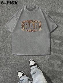 Father Themed Camouflage Dad - Men 100% Cotton Washed T-Shirts Vintage Street-Style Graphic Tee,Comfortable Crew Neck Short Sleeves,Mens Clothes, Fathers Day,Fathers Day Gift - 水洗灰色 - 查看 1