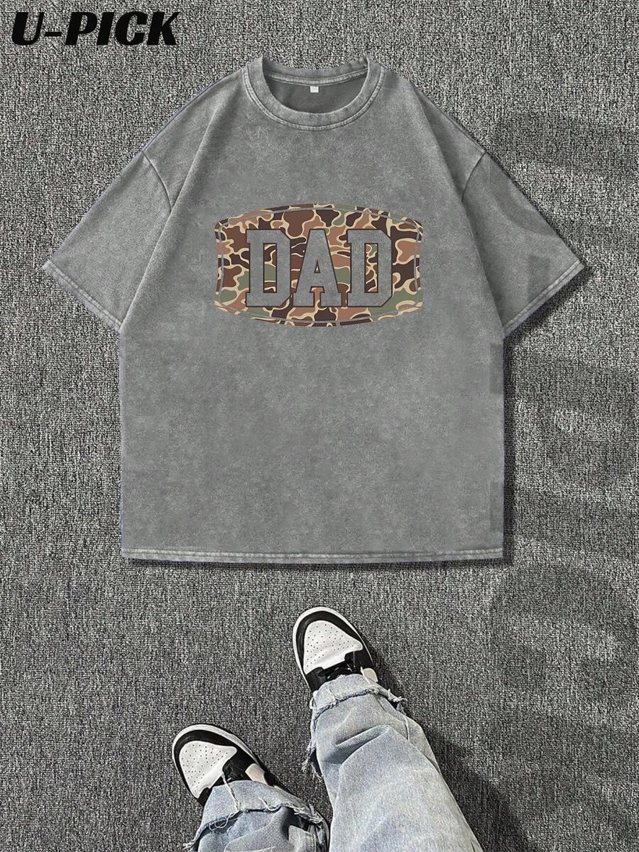 Father Themed Camouflage Dad - Men 100% Cotton Washed T-Shirts Vintage Street-Style Graphic Tee,Comfortable Crew Neck Short Sleeves,Mens Clothes, Fathers Day,Fathers Day Gift - 水洗灰色 - 查看 1