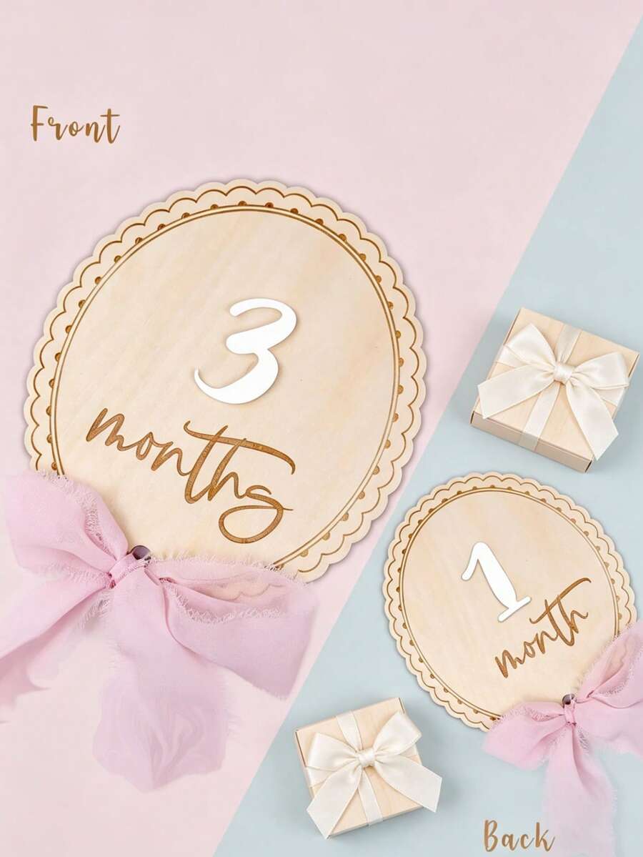 Wooden Double-Sided Interchangeable Milestone Card Set, Ribbon Double-Sided Baby Monthly Milestone, Replaceable 1-12 Months Numbers, Monthly Milestone Wooden Disc, Baby Milestone Round Disc, Milestone Sign, Baby Monthly Star Milestone Marker, Wooden Baby Milestone Sign, Monthly Milestone Wooden Round Disc, Baby Milestone Round Disc, Suitable For New Parents And Baby Shower, Gift For Expectant Mothers, Welcome Baby Gift, Newborn Welcome Sign - Multicolor - View 1