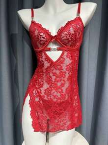 2pcs Lace Contrast Mesh Lingerie Set Sexy Lingerie Sets Teddy Lingerie Babydoll Nightgown Lace Lingerie Sheer Mesh Lingerie Plus Size Valentines Lingerie,Teddy Lingerie,Open Crotch Bodysuit,Backless Bodysuit,Deep V Bodysuit - 紅色 - 查看 6