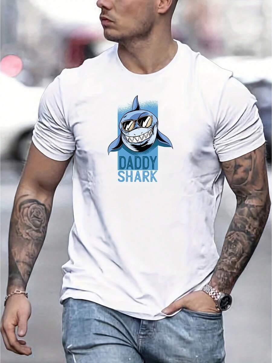 Men's Casual Short-Sleeved T-Shirt With A Dad Shark Print, Ideal For Spring, Summer And Autumn - 白色 - 查看 1
