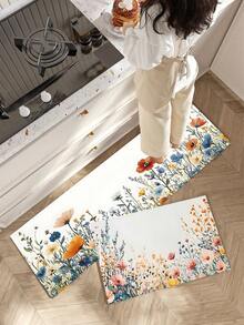 1/2pcs Rubber Kitchen Rug, Romantic Floral Anti-Fatigue Kitchen Mat, Non-Slip Washable Kitchen Mat, Comfortable Standing Mat - Multicolor - View 5