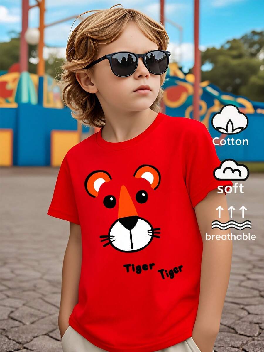 Boys' 100% Casual Short-Sleeve T-Shirt With Tiger Face Print – Fun Summer Design, Machine Washable, Regular Fit For Casual Wear, Playful Fashion For Boys, Comfortable Children's Clothing, Fun Print, Breathable Fabric, For Toddlers - 粉色 - 查看 1