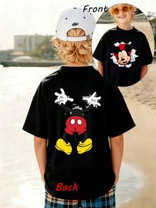 Kids' Disney Mickey Mouse Double-Sided T-Shirt, Featuring Breakthrough Mickey On Front And Mickey Body Print On Back, White Casual Cotton Short Sleeve Tee For Boys And Girls, Perfect For Disney Trips And Everyday Wear - màu đen - Xem 1