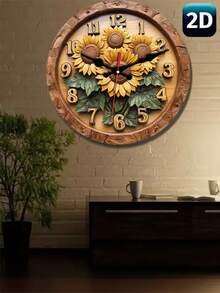 Vintage Sunflower Wooden Wall Clock - Silent, Farmhouse Style Decor For Kitchen, Bedroom, Office - Battery-Operated (AA), No Ticking Sound - Perfect Easter Gift, 10/12 Inches, Round Shape - Multicolor - View 2
