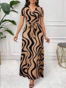 Fleurora Vestido maxi casual de manga corta con cuello en V y cintura con lazo, con estampado geométrico en color marrón para mujer - Marrón - Ver 8
