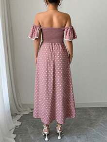 Vestido de estilo callejero elegante de mujer con lunares, hombros descubiertos y abertura en la cintura, ideal para vacaciones de verano - Rosa Pálido - Ver 3