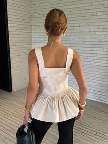 Top de tirantes con cuello cuadrado, bajo con volantes y pliegues en unicolor para mujer, versátil para uso diario, vacaciones y verano casual - Albaricoque - Ver 2