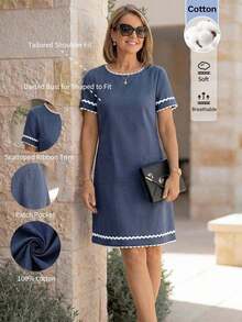 Vestido mini para el Día de la Madre, Vestido de verano para mujer, Conjunto de vacaciones para mujer, Conjunto de vacaciones para mujer, Conjunto de vacaciones para mujer, Conjunto de playa para mujer, Vestido nuevo con empalmado de cinta azul marino - Azul marino - Ver 2