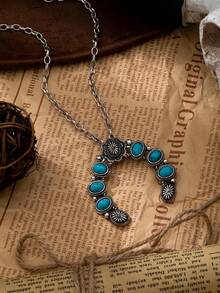 1/6Pcs Western Turquoise Pendant Necklaces Set - Cowboy, Horseshoe & Checked Charm Necklace - Retro Western Jewelry(Unique Western & Turquoise Pendants, Adjustable Chain Styles, Vintage Southwestern Aesthetic) - Multicolor - View 15