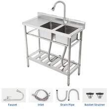 Fregadero utilitario doble de acero inoxidable 47'' para lavandería y cocina - Con estante de almacenamiento, tabla escurridora, grifo de agua fría/caliente, diseño independiente - 39*18*40 pulgadas - Ver 5
