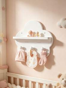 Cute Cloud Shaped Wooden Floating Wall Shelf With 3 Hooks, Nursery Wall Storage Organizer Rack For Baby Bibs Hats Toys Decor - Multicolor - View 1