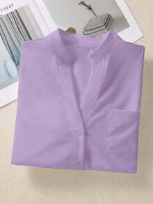 Camisa de mujer de unicolor con cuello en V y botones - Blusa casual y elegante de manga larga con detalle de bolsillo, adecuada para vacaciones, viajes y uso diario, artículo esencial para primavera, verano, otoño e invierno - Púrpura malva - Ver 9