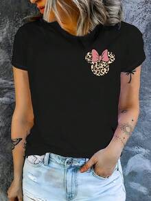 Women's Short-Sleeve T-Shirt With A Double-Sided Print Featuring A Cartoon Image Of Minnie Mouse From Disneyland. This Casual And Stylish Crew Neck T-Shirt Is Slightly Stretchy, Non-Transparent, And Made From Easy-Care Material. - màu đen - Xem 2
