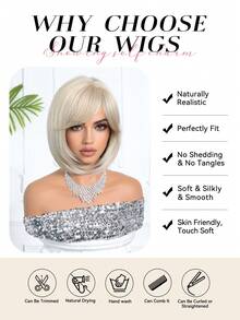 10 Inch Short Straight Bob Wig, Golden Color Highlights With Dark Roots, Suitable For Daily Makeup And Parties, High-Temperature Fiber Synthetic Hair - Blonde Ombre - View 8